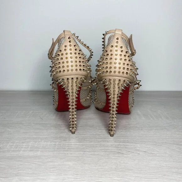 Louboutin Alarc Nude Leather Spiked Heels - Picture 6 of 9